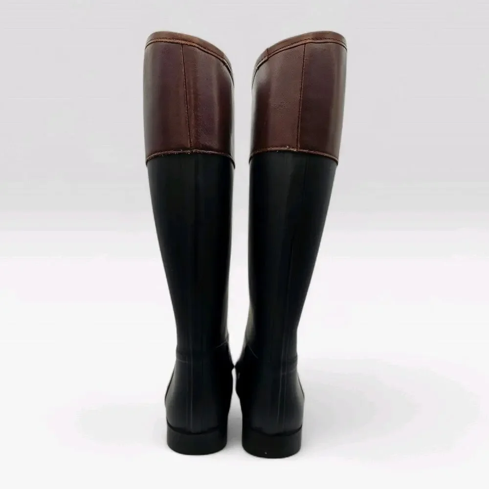 Tory Burch Diana Rain Boot Black Rubber Brown Leather Riding Boots Logo Sz 6